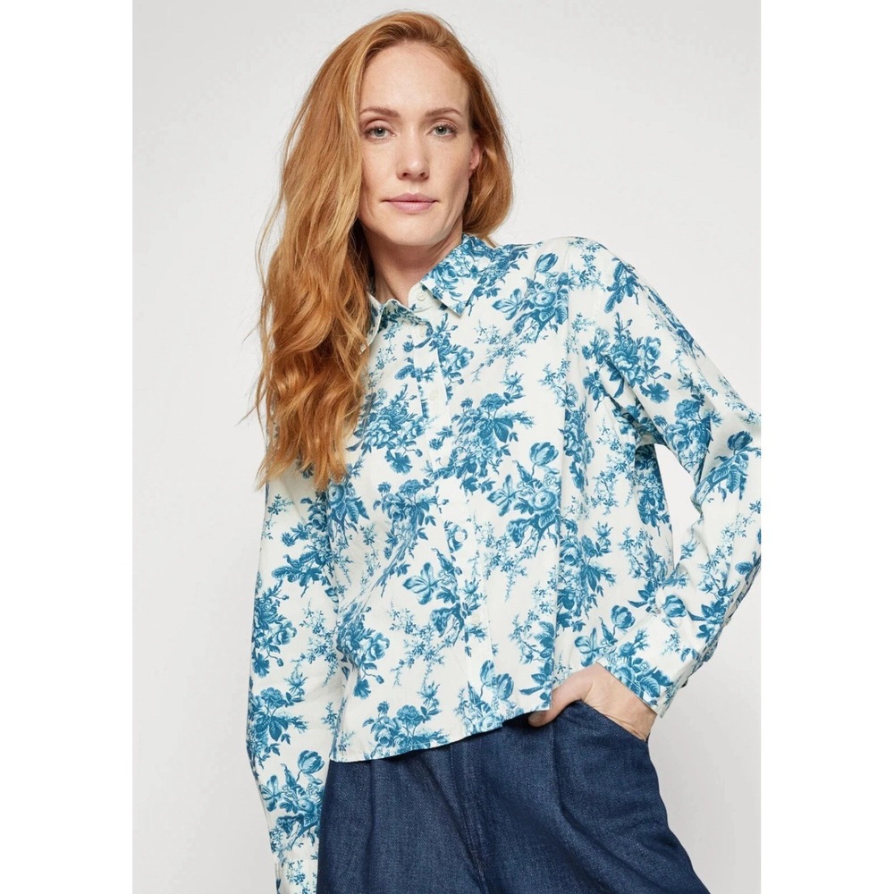 GAP x LoveShackFancy Top XL Button Down Cropped Boxy Floral Romantic‎ Blue White